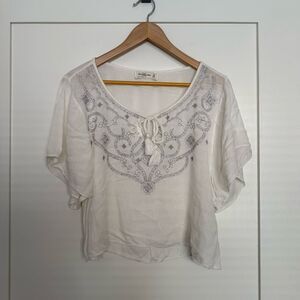 Abercrombie & Fitch Top Womens XS White Cropped Short Sleeve Embroidered Boho